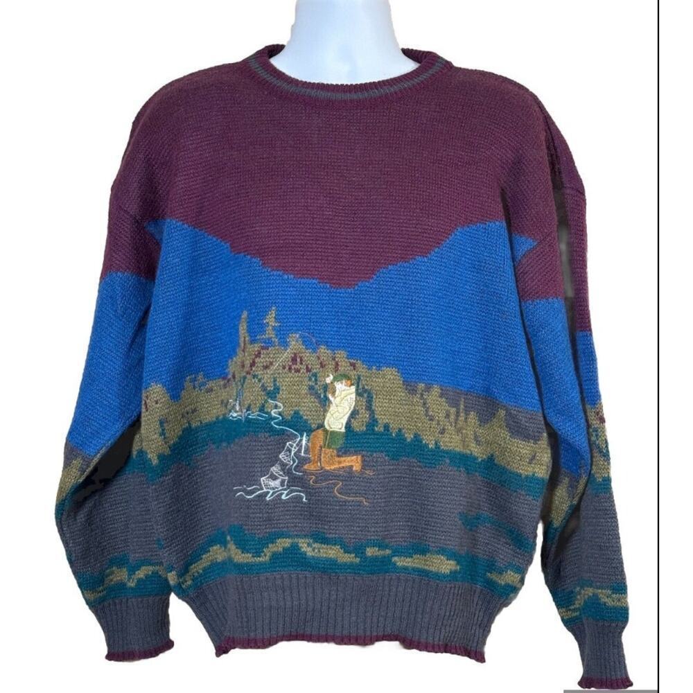 Vintage Buckingham Wool Blend Fishing Embroidered‎ Sweater Men's L